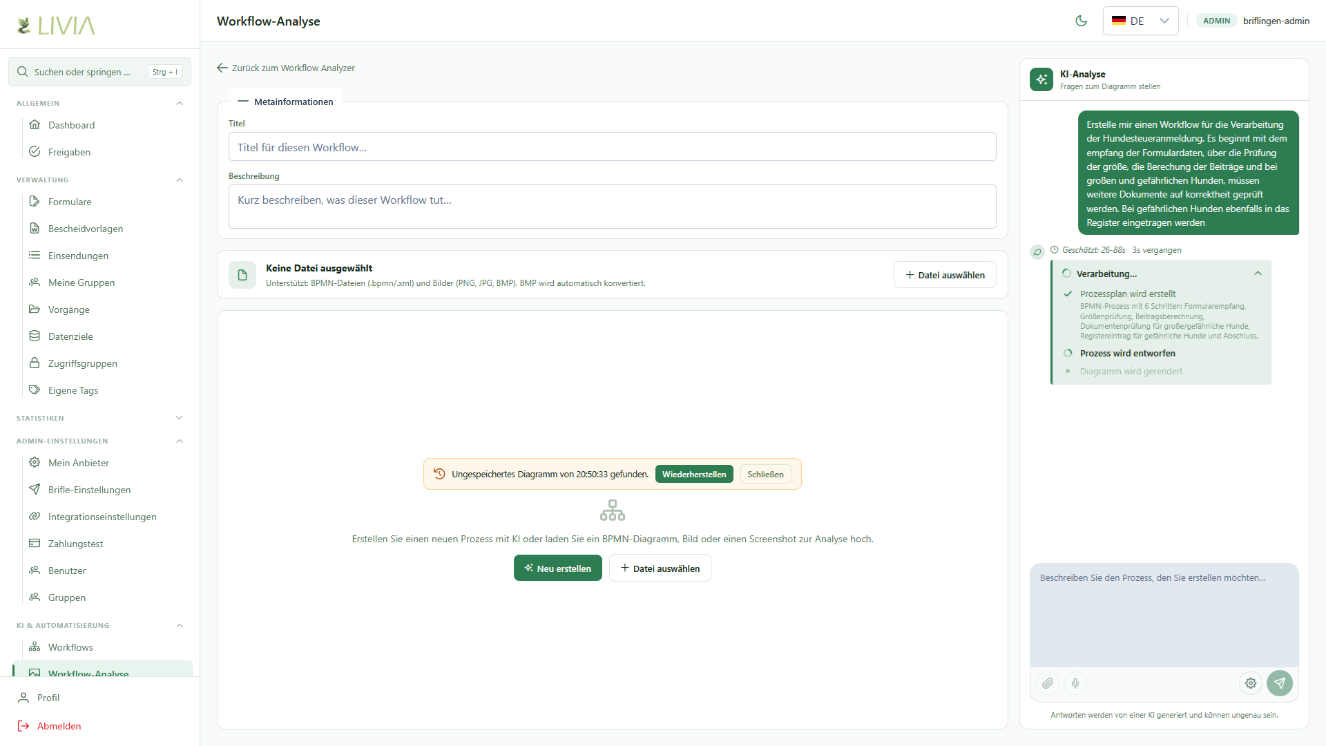 Prozessanalyse mit KI-Chat und erzeugtem BPMN-Diagramm