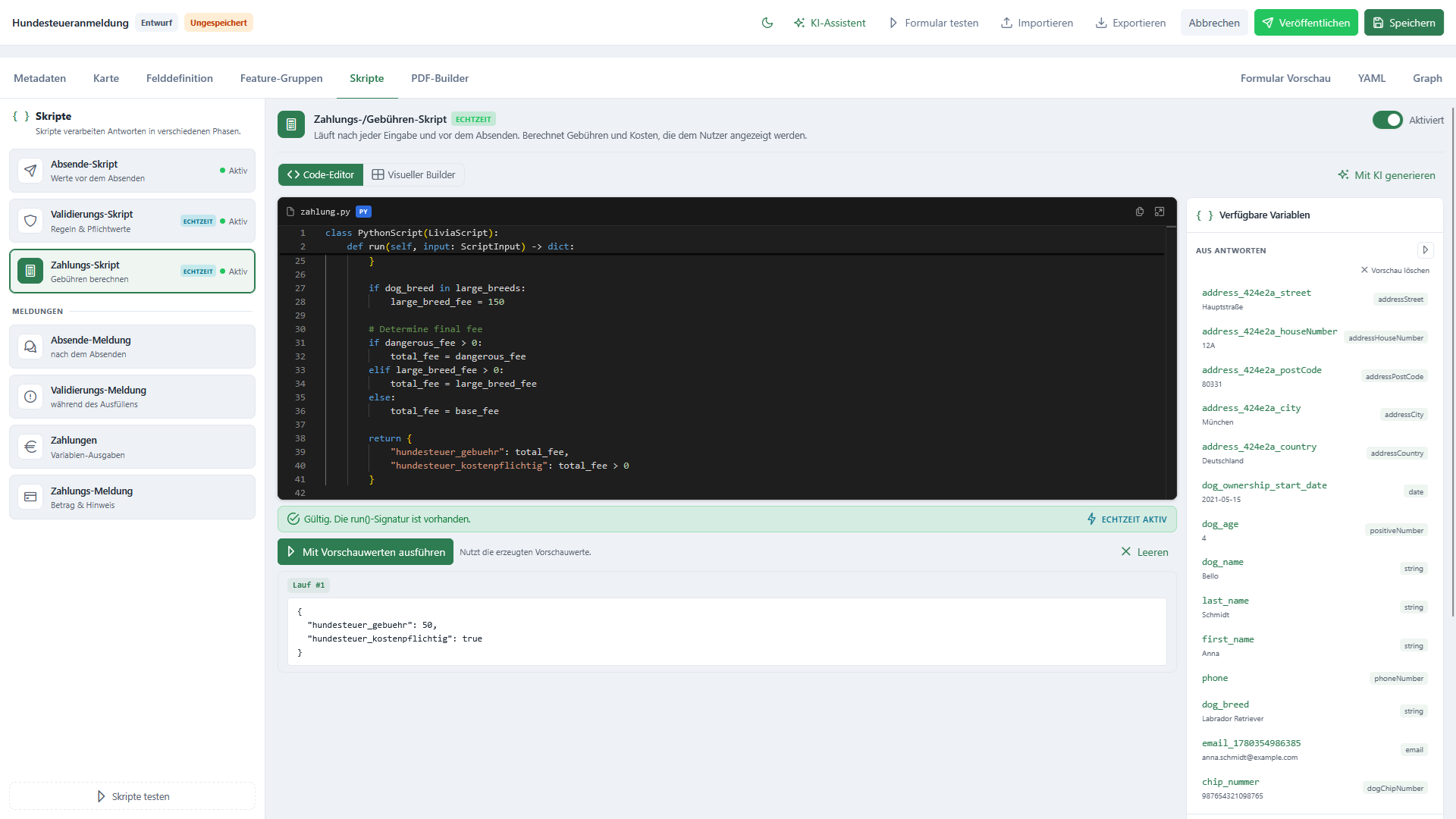 Skript-Editor mit Python-Skript zur Gebührenberechnung