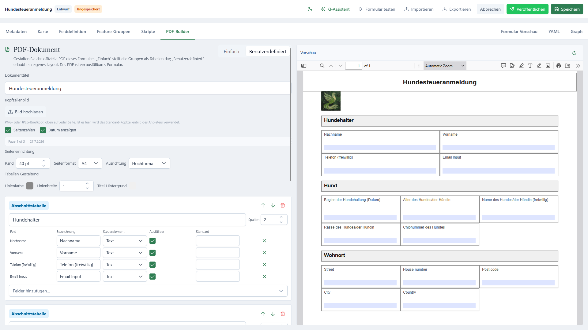 PDF-Builder mit Vorschau des amtlichen Formulars