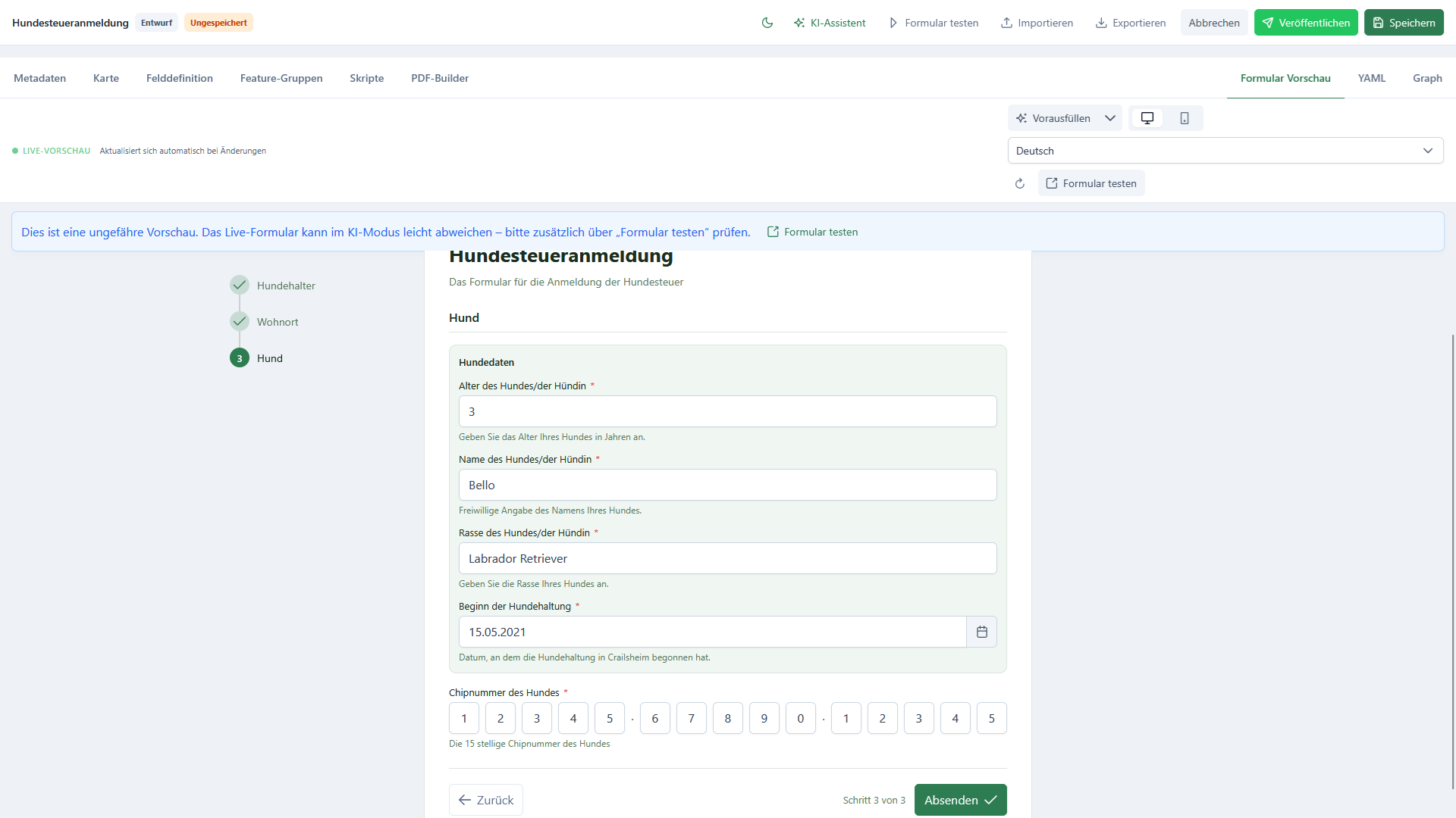 Live-Vorschau des mehrstufigen Formulars