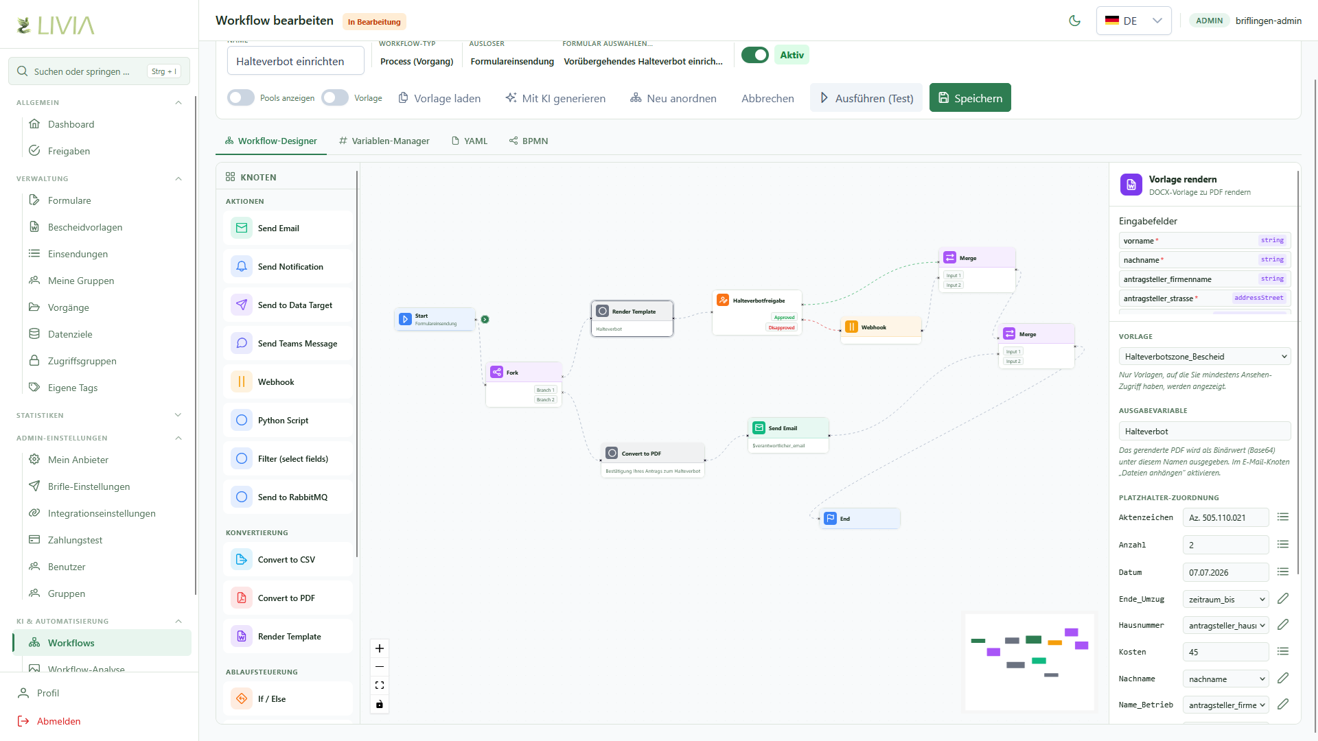 Workflow-Designer mit verzweigtem Ablauf